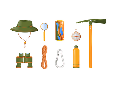 攀爬设备平面颜色矢量对象集(Climbing equipment flat color vector objects set)