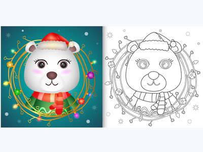 着色书与可爱的北极熊与树枝装饰圣诞节(coloring book with a cute polar bear with twigs decoration christmas)