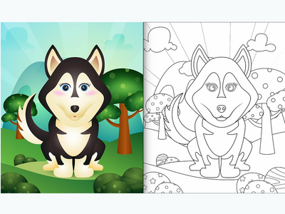带有可爱哈士奇狗角色插图的儿童着色书(coloring book for kids with a cute husky dog character illustration)