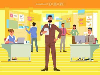 老板在数字办公室检查工作(Boss checking work at digital office)