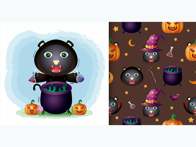 黑猫与女巫服装万圣节。无缝图案和插图设计(black cat with witch costume halloween.seamless pattern and illustration designs)