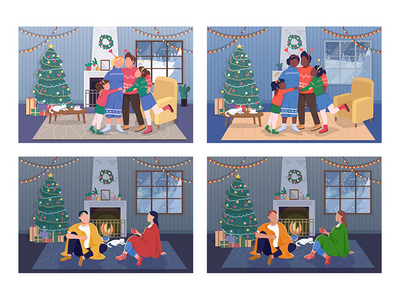 在家庆祝圣诞节平面彩色矢量插图集(Celebrating Christmas at home flat color vector illustration set)