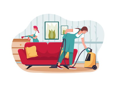 用专业工具整理客厅的清洁队(Cleaning team with professional tools tidying up living room)