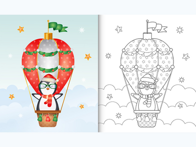 用热气球上可爱的企鹅圣诞人物着色书(coloring book with a cute penguin christmas characters on hot air balloon)
