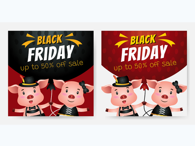 黑色星期五社交媒体帖子，附有猪夫妇的插图(Black friday social media post with illustration of pig couple)