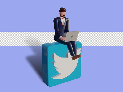 3d 男性角色正在笔记本电脑上打字并坐在 twitter 标志上。 Psd 溢价(3d male character is typing on laptop and sitting on twitter logo. Psd Premium)