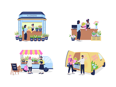 买卖花卉平面彩色矢量详细字符集(Buying and selling flowers flat color vector detailed character set)