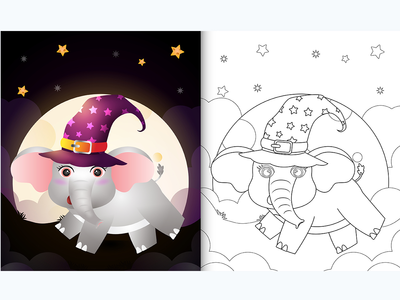 着色书与可爱的卡通万圣节女巫大象在月亮前(coloring book with a cute cartoon halloween witch elephant front the moon)