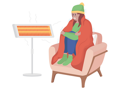 暖灯半平面彩色矢量字符的冷女孩(Cold girl at heater lamp semi flat color vector character)