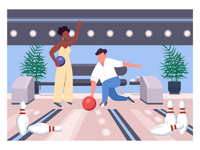 保龄球日期平面彩色矢量图(Bowling date flat color vector illustration)