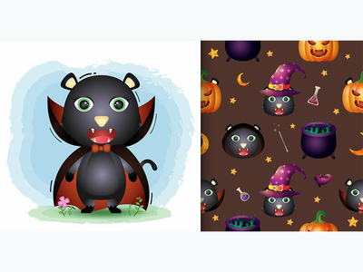 一只可爱的黑猫，穿着德古拉服装万圣节人物无缝图案(a cute black cat with dracula costume halloween character seamless pattern)