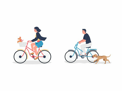 骑自行车的白人男女，带狗平面彩色矢量图(Caucasian man and woman on bicycle with dogs flat color vector)