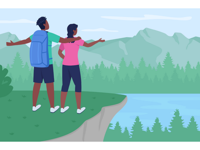 山峰上的背包客平面彩色矢量图解(Backpackers on mountain peak flat color vector illustration)