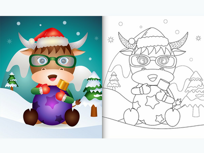 带有可爱水牛拥抱圣诞球的着色书(coloring book with a cute buffalo hug christmas ball)