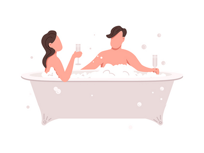 夫妇在浴缸半平面彩色矢量字符中庆祝周年(Couple celebrating anniversary in bathtub semi flat color vector characters)