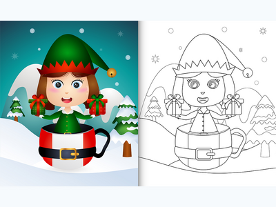 着色书与可爱的女孩精灵圣诞人物在杯子圣诞老人(coloring book with a cute girl elf christmas characters in the cup santa)