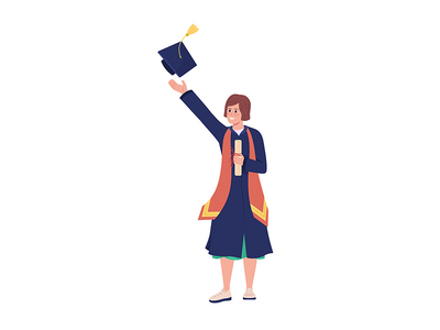 大学毕业生投掷帽半平面彩色矢量字符(College graduate throws cap semi flat color vector character)