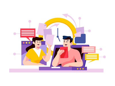 一男一女利用在线会议讨论和传输文件(A man and a woman use online meeting to discuss and transfer the files)