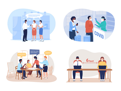 在办公室和旅行 2D 矢量隔离插图集的 covid 预防措施之后(After covid precaution for office and travel 2D vector isolated illustration set)