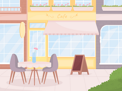街头咖啡馆平面彩色矢量图的舒适氛围(Cozy atmosphere of street cafe flat color vector illustration)