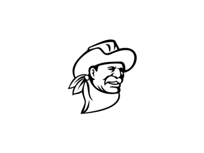 戴着帽子胡子和头巾吉祥物黑白的美国牛仔(American Cowboy Wearing a Hat Mustache and Bandana Mascot Black and White)