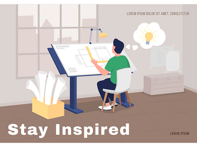 建筑师在工作海报平面矢量模板(Architector at work poster flat vector template)