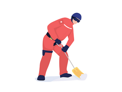 具有铲子半平面彩色矢量字符的雪崩急救人员(Avalanche first responder with shovel semi flat color vector character)
