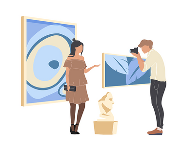 艺术画廊旅游平面彩色矢量不露面人物(Art gallery tourist flat color vector faceless characters)