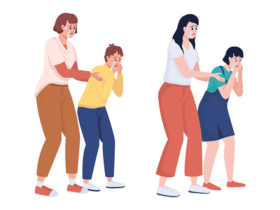 有孩子的哭泣的母亲半平面彩色矢量字符集(Crying mothers with children semi flat color vector characters set)