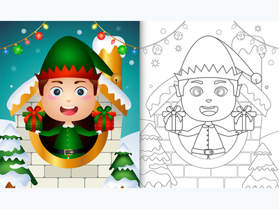 房子里有一个可爱的男孩精灵圣诞人物的图画书(coloring book with a cute boy elf christmas characters inside the house)