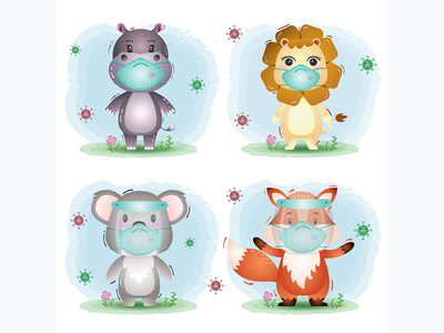 使用面罩和面具的可爱动物：河马、狮子、考拉和狐狸(cute animal using face shield and mask : hippo, lion, koala and fox)