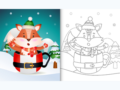 圣诞老人杯里有可爱的狐狸圣诞人物的着色书(coloring book with a cute fox christmas characters  in the santa cup)