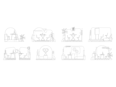 商务办公大纲矢量插图集(Business office outline vector illustrations set)