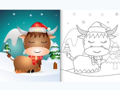 带有可爱水牛圣诞人物的图画书(coloring book with a cute buffalo christmas characters)