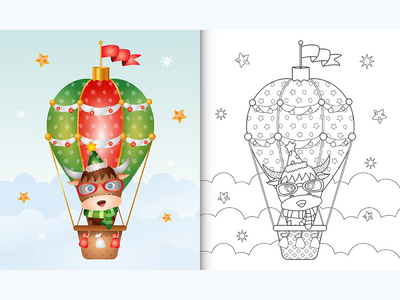 热气球上带有可爱水牛圣诞人物的着色书(coloring book with a cute buffalo christmas characters on hot air balloon)