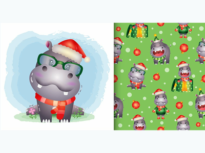 一个可爱的河马圣诞人物。无缝图案和插图设计(a cute hippo christmas characters. seamless pattern and illustration designs)