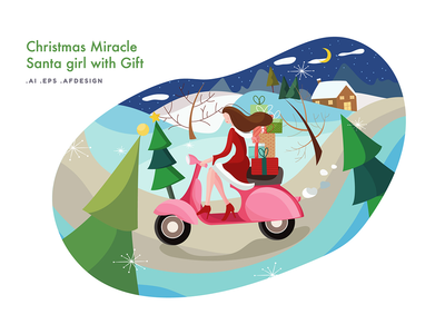 圣诞奇迹-圣诞老人女孩与礼物矢量图(Christmas Miracle - Santa Girl with Gift Vector Illustration)