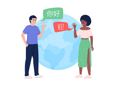 与母语人士交流 2D 矢量隔离插图(Communicate with native speaker 2D vector isolated illustration)