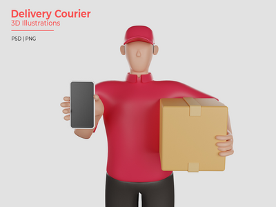 一名身穿红色衬衫的送货员拿着客户货物的 3d 插图(3d illustration of a delivery man wearing a red shirt holding a customer's goods)