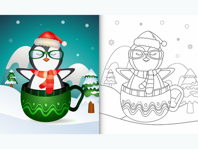 着色书，杯子里有可爱的企鹅圣诞人物(coloring book with a cute penguin christmas characters  in the cup)