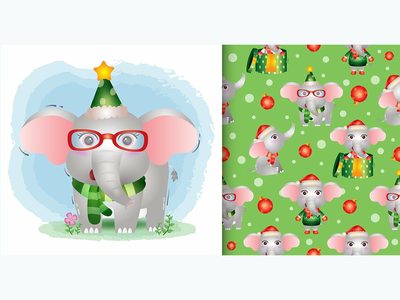 可爱的大象圣诞人物。无缝图案和插图设计(a cute elephant christmas characters. seamless pattern and illustration designs)
