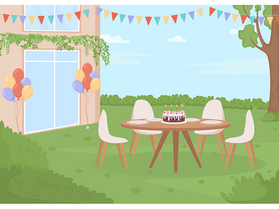 后院生日派对平面彩色矢量图(Backyard birthday party flat color vector illustration)