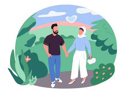 阿拉伯夫妇走 2D 矢量网页横幅、海报(Arabian couple on walk 2D vector web banner, poster)