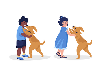 儿童与宠物狗半平面彩色矢量字符集(Child with pet dog semi flat color vector character set)