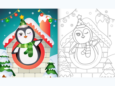 带有可爱企鹅圣诞人物的图画书(coloring book with a cute penguin christmas characters)