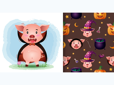 一只可爱的猪，穿着德古拉服装万圣节人物无缝图案(a cute pig with dracula costume halloween character seamless pattern)
