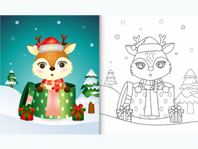 用可爱的鹿圣诞人物着色书(coloring book with a cute deer christmas characters)