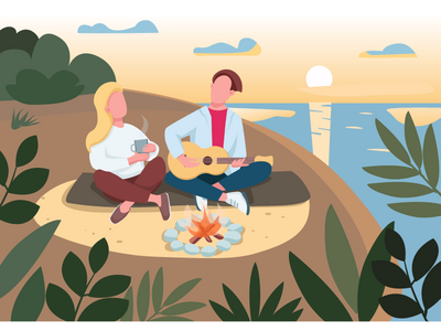 海滩野餐平面彩色矢量图(Beach picnic flat color vector illustration)