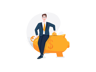 迷茫的商人试图把硬币放进一个大存钱罐(Confused businessman try to put a coin into a large piggy bank)