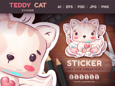 幼稚的卡通人物泰迪猫 |可爱的动物插图 PNG(Childish Cartoon Character Teddy Cat | Cute Animal Illustration PNG)